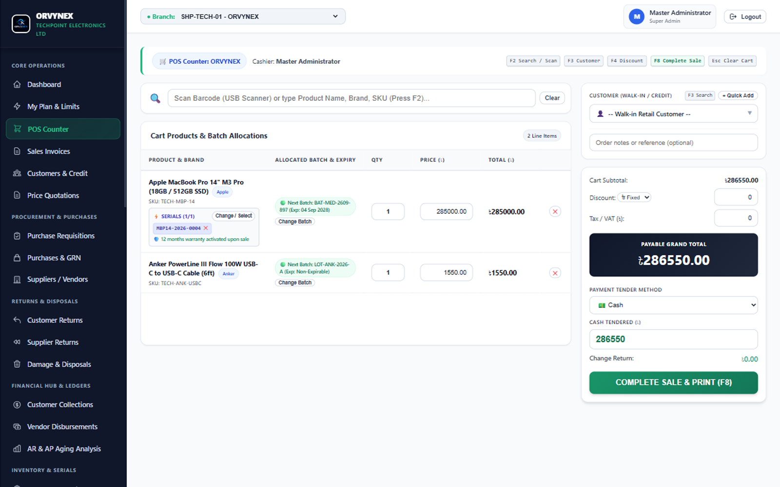 Point of sale checkout screen with cart, product search and payment panel