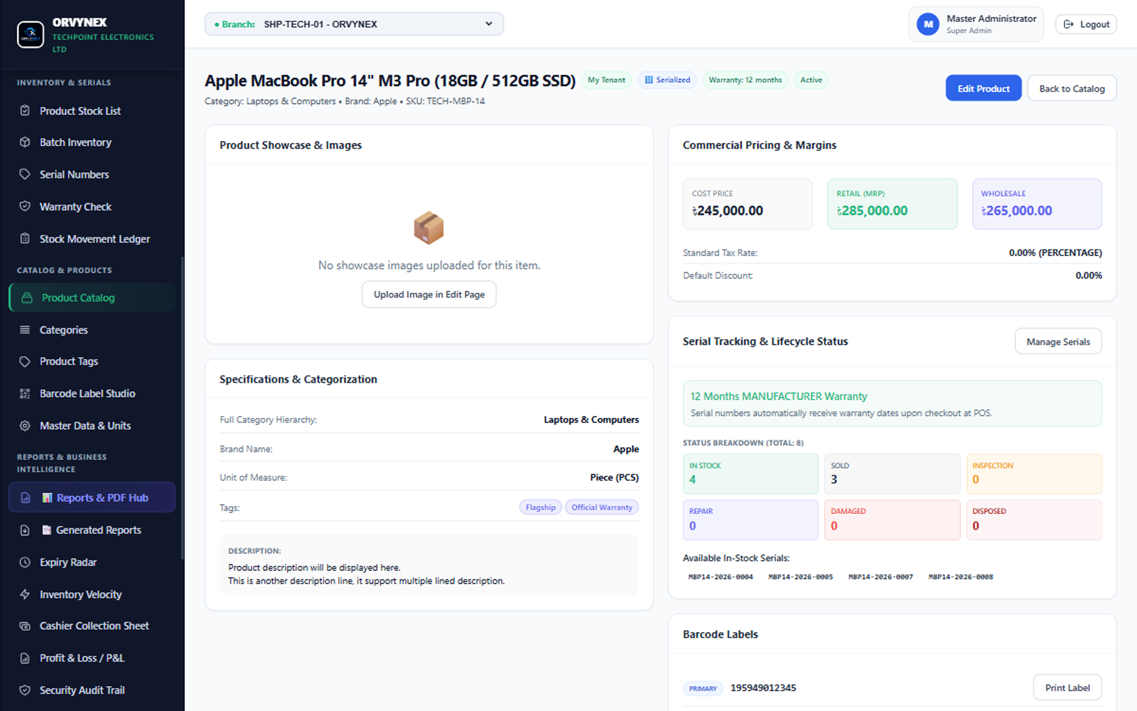 Product Catalogue screen in ORVYNEX POS