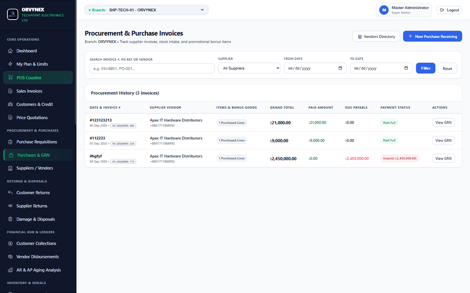 Purchase management screen listing orders, suppliers and received status